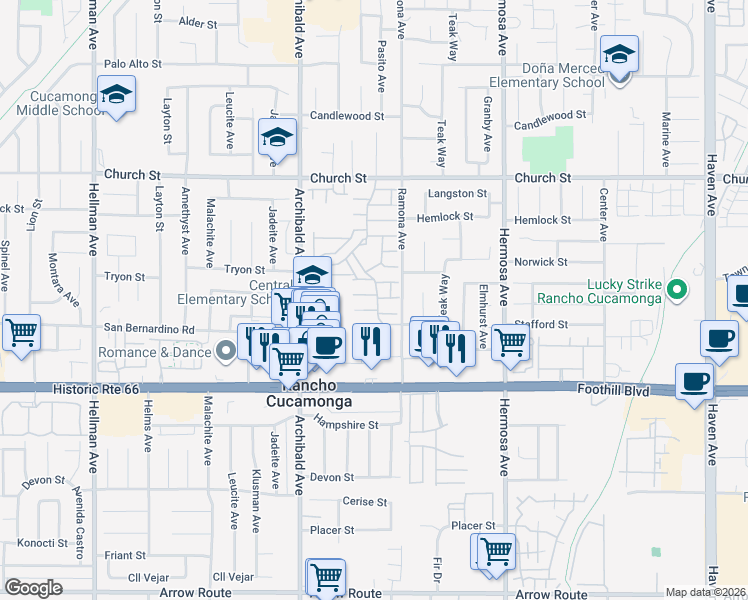 map of restaurants, bars, coffee shops, grocery stores, and more near 9810 Bianca Court in Rancho Cucamonga