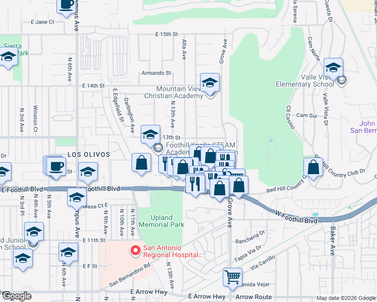 map of restaurants, bars, coffee shops, grocery stores, and more near 1261 North Monte Verde Avenue in Upland