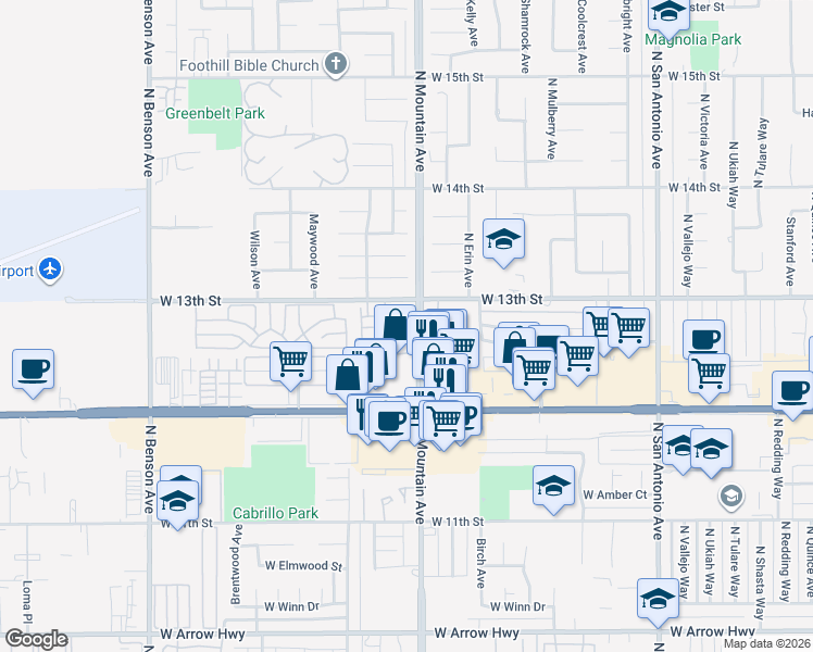 map of restaurants, bars, coffee shops, grocery stores, and more near 1244 Edgewood Lane in Upland