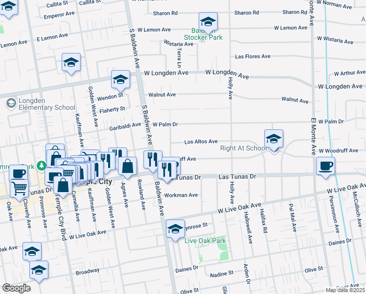 map of restaurants, bars, coffee shops, grocery stores, and more near 520 Los Altos Avenue in Arcadia