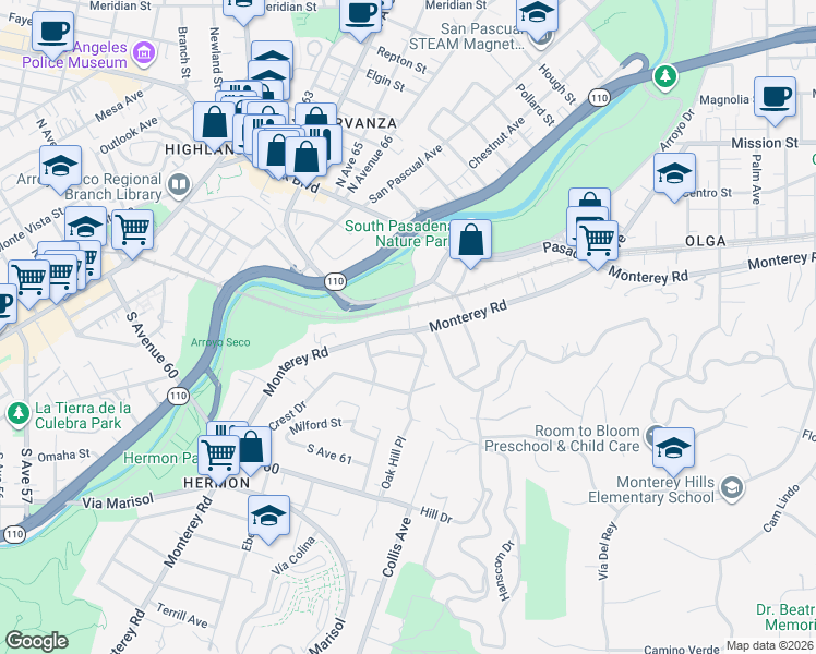 map of restaurants, bars, coffee shops, grocery stores, and more near 86 Monterey Road in South Pasadena