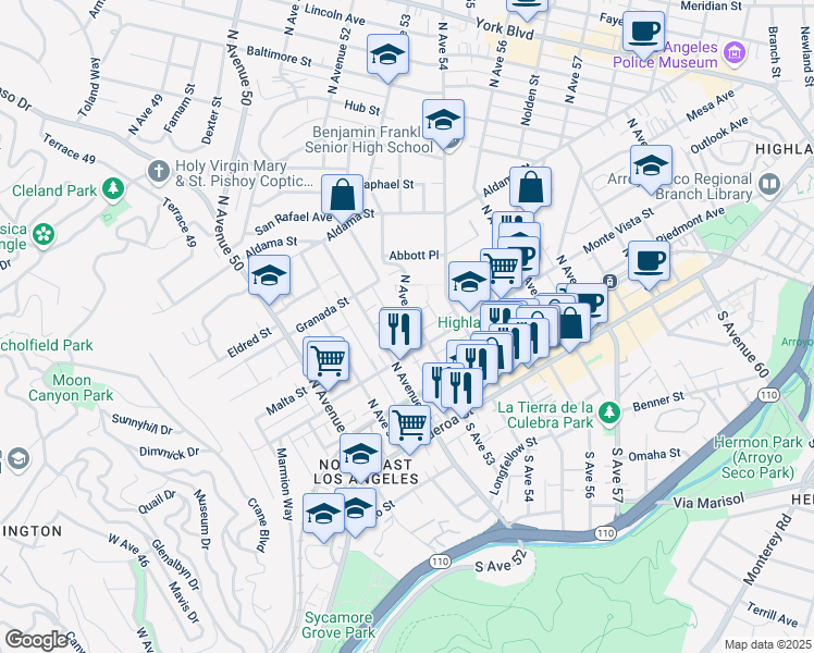 map of restaurants, bars, coffee shops, grocery stores, and more near 327 North Avenue 53 in Los Angeles