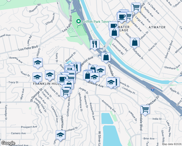 map of restaurants, bars, coffee shops, grocery stores, and more near 2970 Waverly Drive in Los Angeles