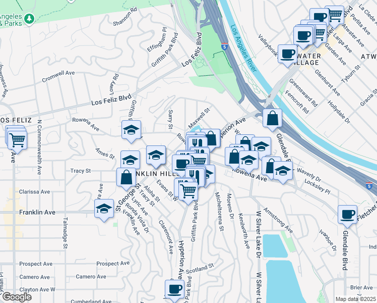 map of restaurants, bars, coffee shops, grocery stores, and more near 3388 Rowena Avenue in Los Angeles