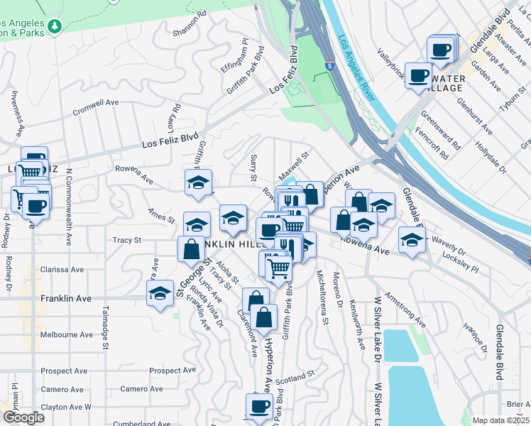 map of restaurants, bars, coffee shops, grocery stores, and more near 2916 Saint George Street in Los Angeles