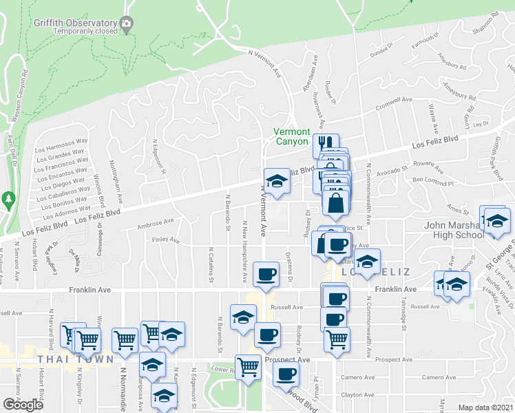 map of restaurants, bars, coffee shops, grocery stores, and more near 4635 Ambrose Avenue in Los Angeles