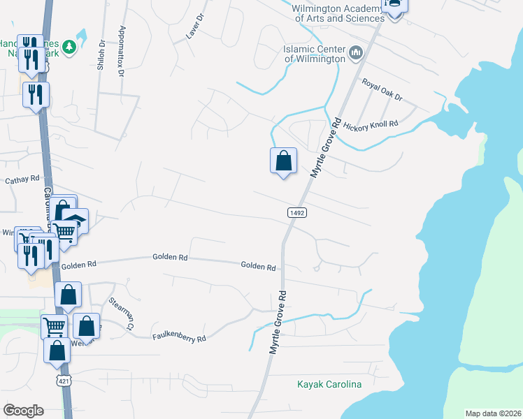 map of restaurants, bars, coffee shops, grocery stores, and more near 118 Country Place Road in Wilmington