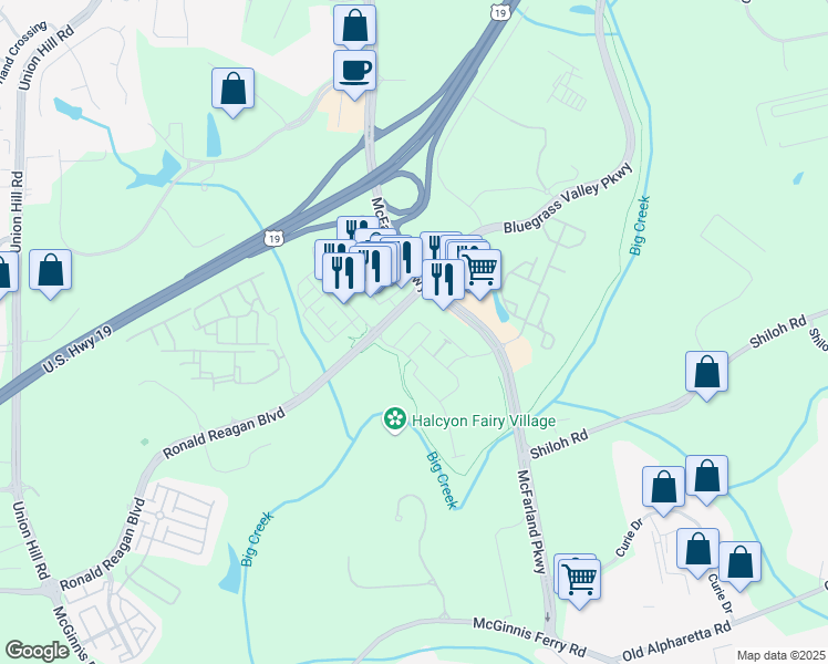 map of restaurants, bars, coffee shops, grocery stores, and more near 6380 Cortland Walk in Alpharetta