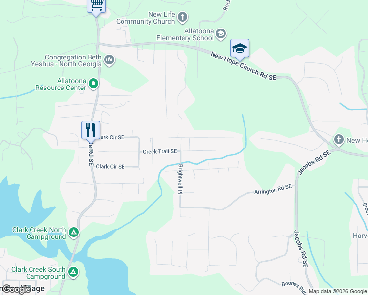 map of restaurants, bars, coffee shops, grocery stores, and more near 4244 Creek Trail Southeast in Acworth