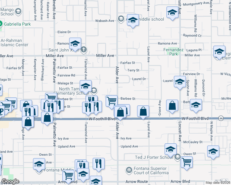 map of restaurants, bars, coffee shops, grocery stores, and more near 7936 Alder Avenue in Fontana