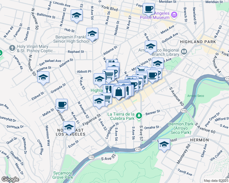 map of restaurants, bars, coffee shops, grocery stores, and more near 201 North Avenue 55 in Los Angeles