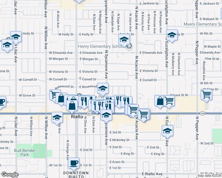 map of restaurants, bars, coffee shops, grocery stores, and more near 538 North Oakdale Avenue in Rialto