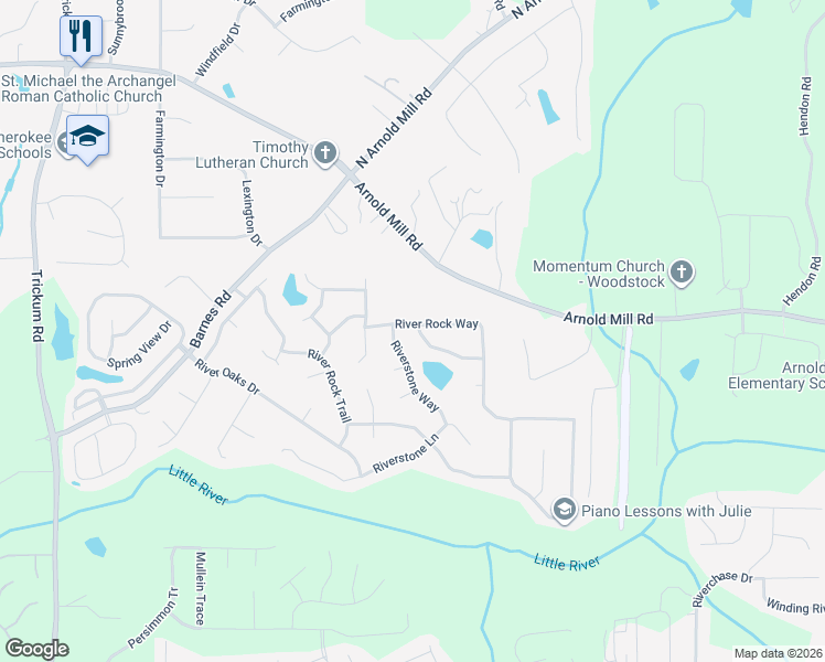 map of restaurants, bars, coffee shops, grocery stores, and more near 3200 River Rock Place in Woodstock