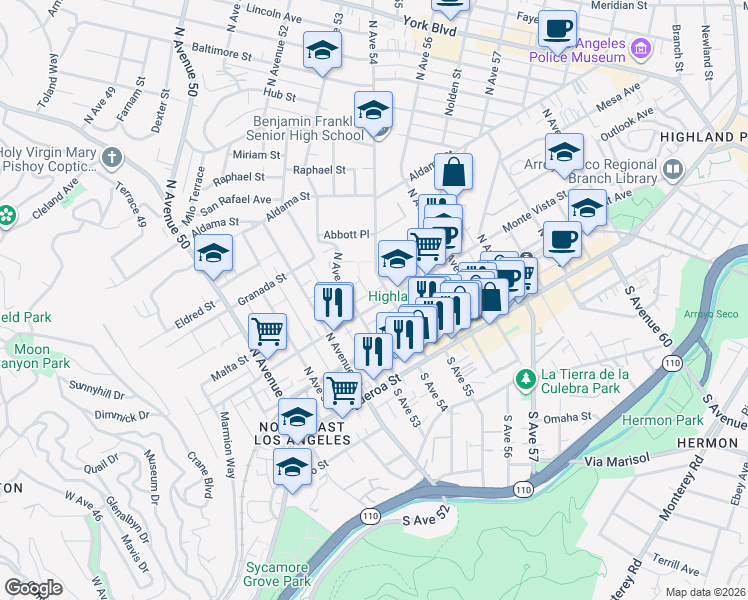 map of restaurants, bars, coffee shops, grocery stores, and more near 5323 Monte Vista Street in Los Angeles