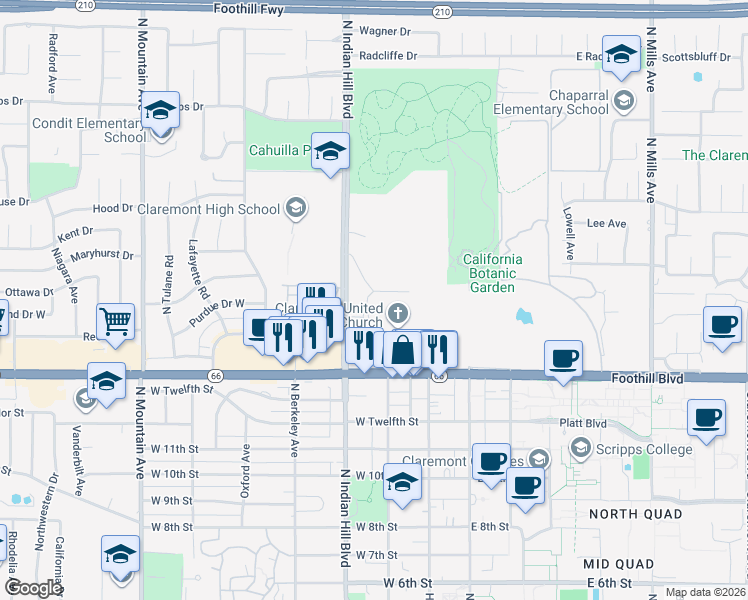 map of restaurants, bars, coffee shops, grocery stores, and more near 1444 Vía Los Altos in Claremont