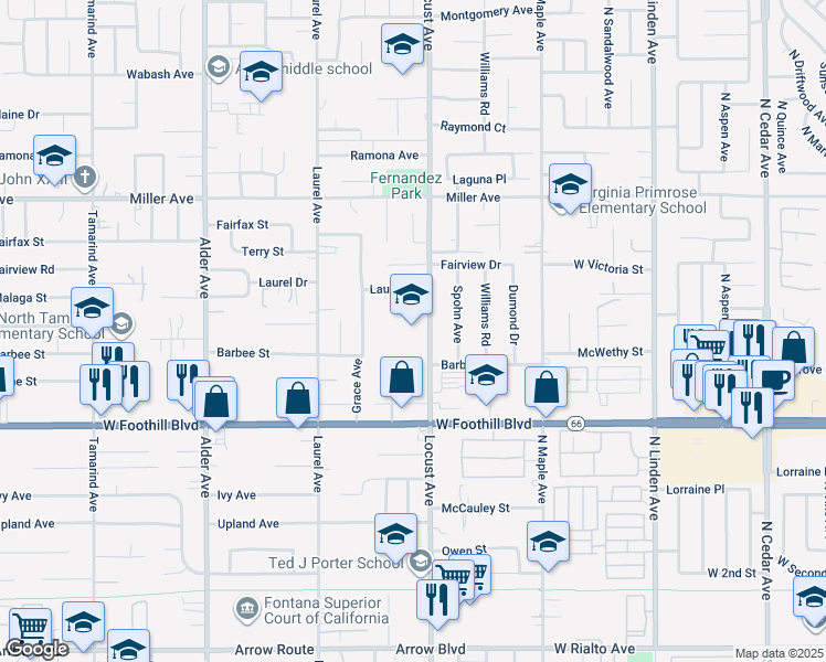 map of restaurants, bars, coffee shops, grocery stores, and more near 7930 Locust Avenue in Fontana