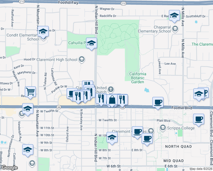 map of restaurants, bars, coffee shops, grocery stores, and more near 1444 Vía Los Altos in Claremont