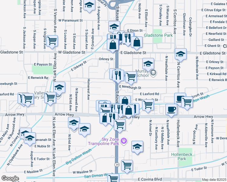 map of restaurants, bars, coffee shops, grocery stores, and more near 707 South Azusa Avenue in Azusa