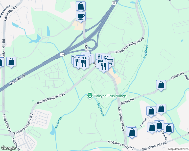 map of restaurants, bars, coffee shops, grocery stores, and more near 6380 Cortland Walk in Alpharetta