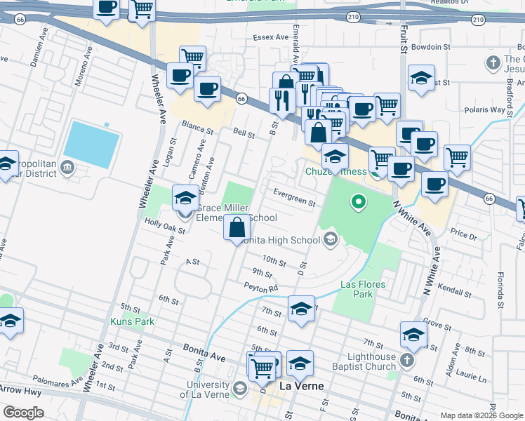 map of restaurants, bars, coffee shops, grocery stores, and more near 1938 Craig Way in La Verne