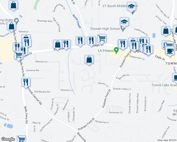 map of restaurants, bars, coffee shops, grocery stores, and more near 508 Silver Maple Lane in Woodstock