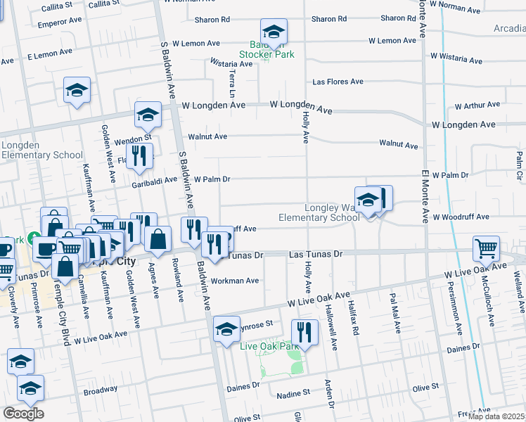 map of restaurants, bars, coffee shops, grocery stores, and more near 470 Los Altos Avenue in Arcadia