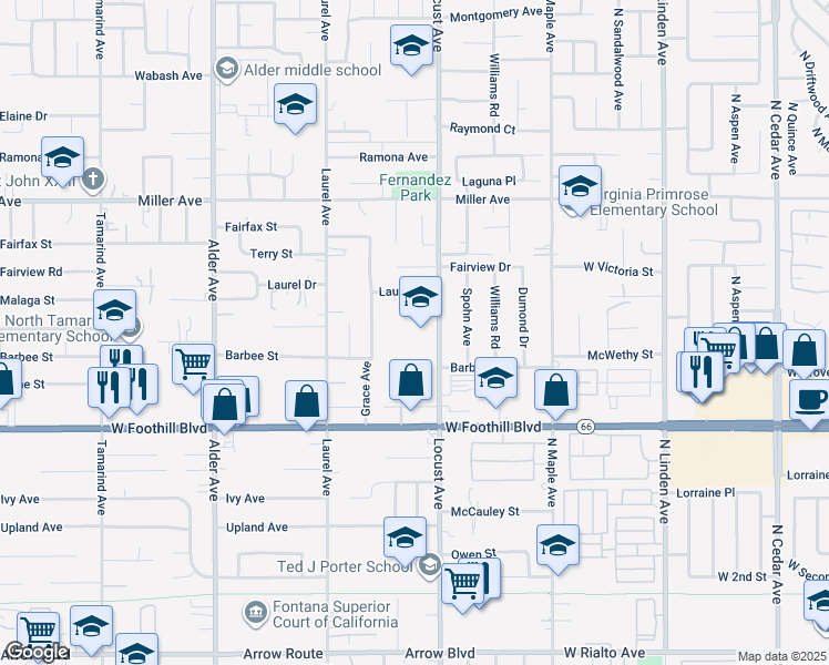 map of restaurants, bars, coffee shops, grocery stores, and more near 7930 Locust Avenue in Fontana