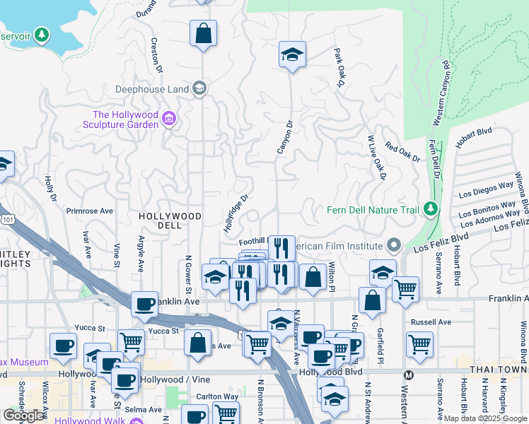 map of restaurants, bars, coffee shops, grocery stores, and more near 2161 North Bronson Avenue in Los Angeles