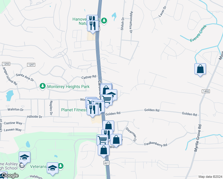 map of restaurants, bars, coffee shops, grocery stores, and more near 6203 Michelas Bay Lane in Wilmington
