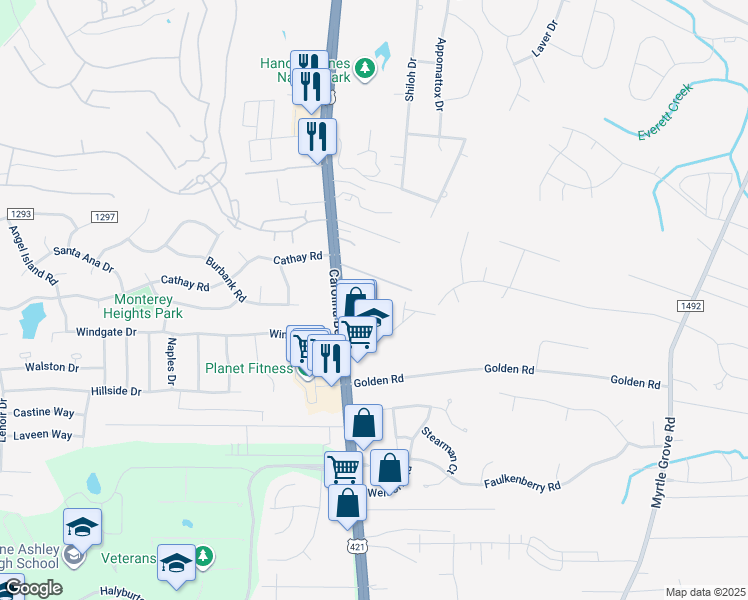 map of restaurants, bars, coffee shops, grocery stores, and more near 6203 Michelas Bay Lane in Wilmington