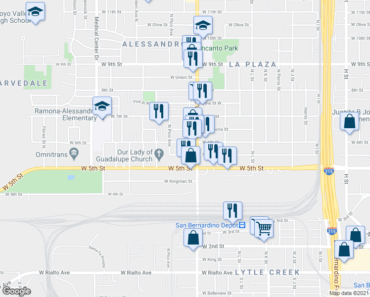 map of restaurants, bars, coffee shops, grocery stores, and more near 577 Herrington Avenue North in San Bernardino