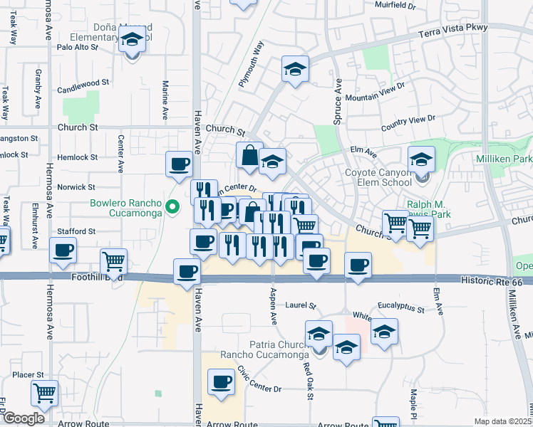 map of restaurants, bars, coffee shops, grocery stores, and more near 10701 Town Center Drive in Rancho Cucamonga
