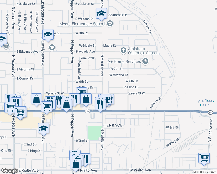 map of restaurants, bars, coffee shops, grocery stores, and more near 556 North Marvin Drive in San Bernardino