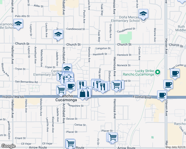 map of restaurants, bars, coffee shops, grocery stores, and more near 7930 Perlite Court in Rancho Cucamonga