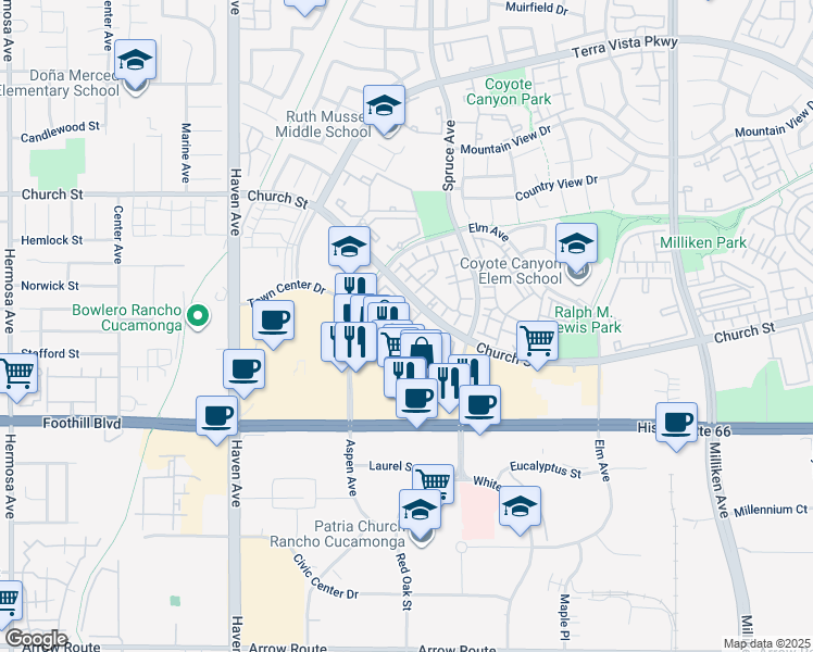 map of restaurants, bars, coffee shops, grocery stores, and more near 10855 Church Street in Rancho Cucamonga