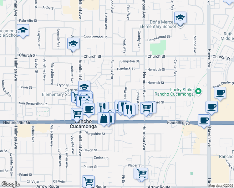 map of restaurants, bars, coffee shops, grocery stores, and more near 7930 Perlite Court in Rancho Cucamonga