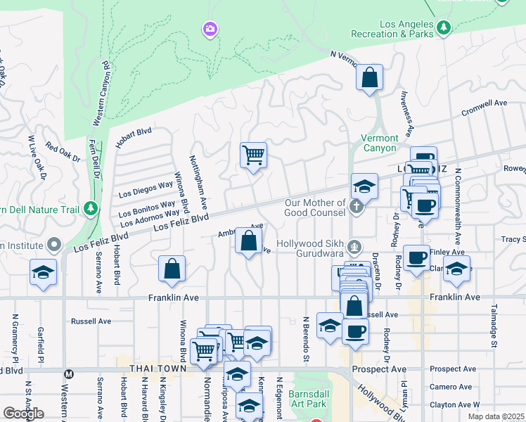 map of restaurants, bars, coffee shops, grocery stores, and more near 4930 Los Feliz Boulevard in Los Angeles