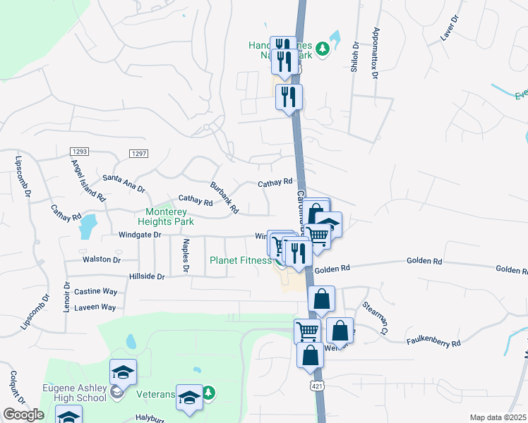 map of restaurants, bars, coffee shops, grocery stores, and more near 202 Burbank Road in Wilmington