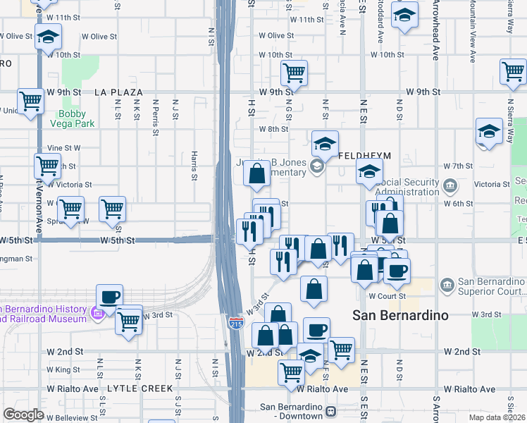 map of restaurants, bars, coffee shops, grocery stores, and more near 777 West 6th Street in San Bernardino