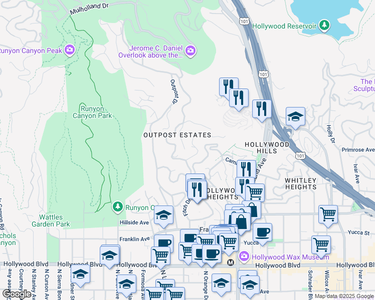 map of restaurants, bars, coffee shops, grocery stores, and more near 2200 Maravilla Drive in Los Angeles