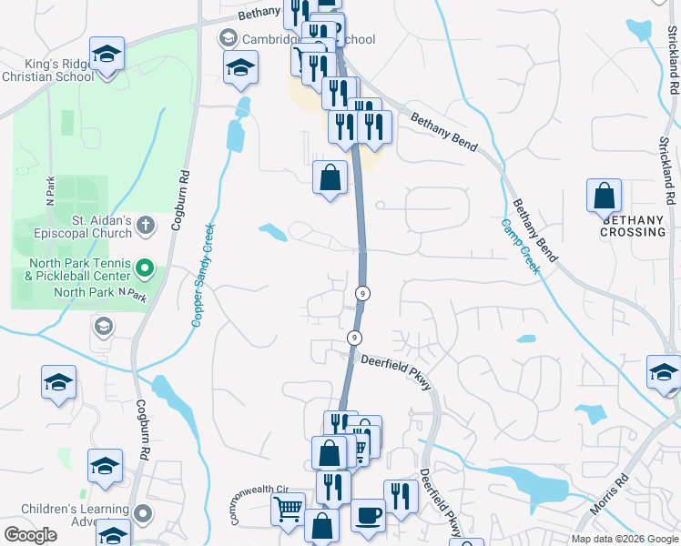 map of restaurants, bars, coffee shops, grocery stores, and more near 2963 Oakside Circle in Alpharetta