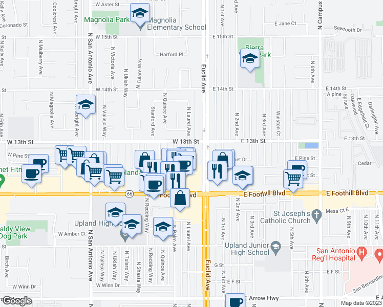 map of restaurants, bars, coffee shops, grocery stores, and more near 1234 North Laurel Avenue in Upland