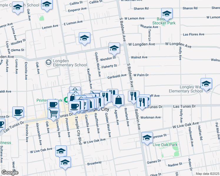 map of restaurants, bars, coffee shops, grocery stores, and more near 6029 Agnes Avenue in Temple City
