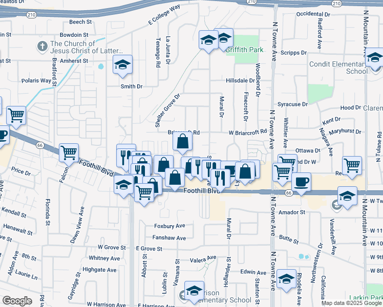map of restaurants, bars, coffee shops, grocery stores, and more near 301 East Foothill Boulevard in Pomona