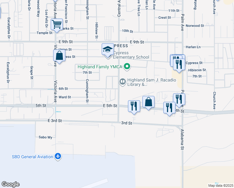 map of restaurants, bars, coffee shops, grocery stores, and more near 7933 Primrose Lane in Highland