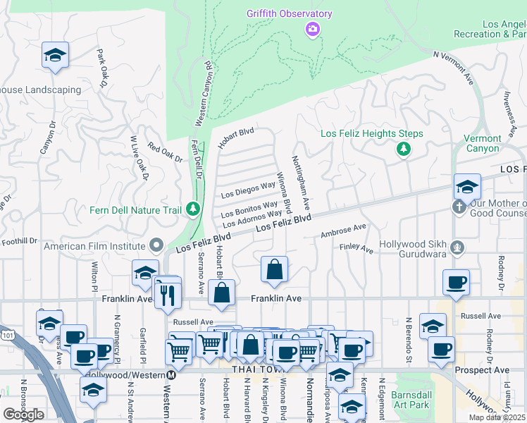 map of restaurants, bars, coffee shops, grocery stores, and more near 5206 Los Bonitos Way in Los Angeles