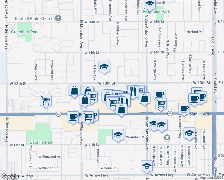 map of restaurants, bars, coffee shops, grocery stores, and more near 1019 West Pine Street in Upland