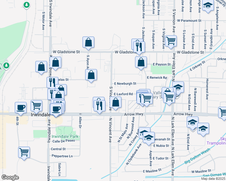 map of restaurants, bars, coffee shops, grocery stores, and more near 730 South Vincent Avenue in Azusa