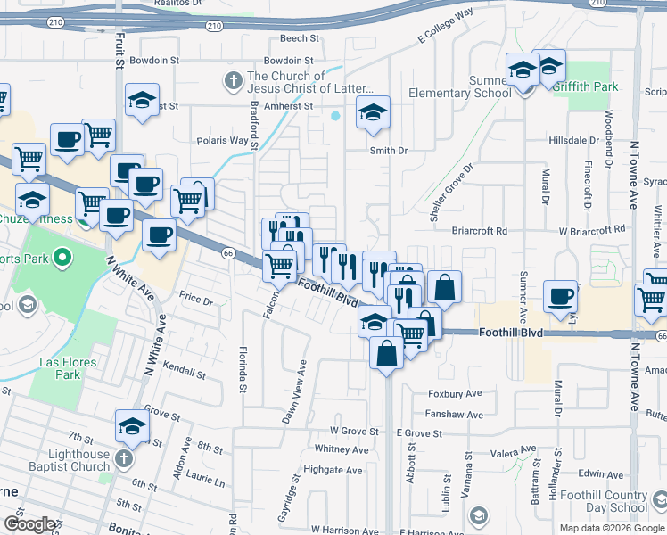 map of restaurants, bars, coffee shops, grocery stores, and more near 3625 Williams Avenue in La Verne