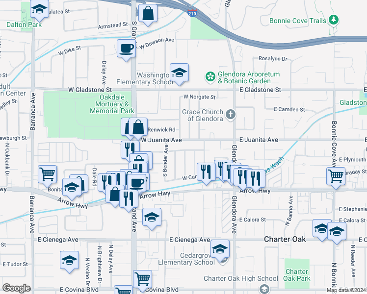 map of restaurants, bars, coffee shops, grocery stores, and more near 303 West Newburgh Street in Glendora